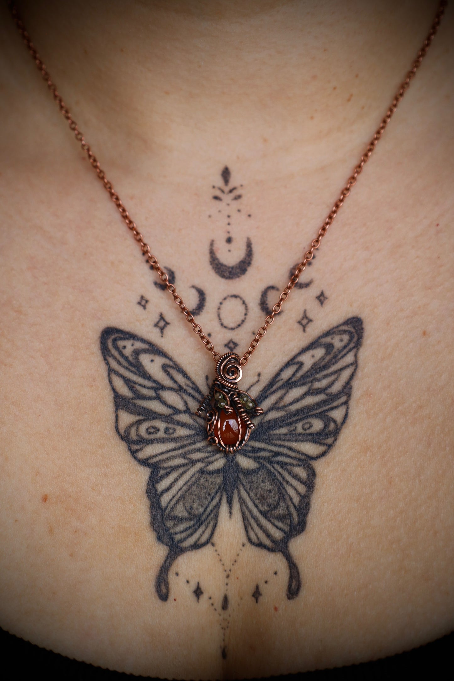 Carnelian Pumpkin and Peridot Leaf Micro Pendant in Copper