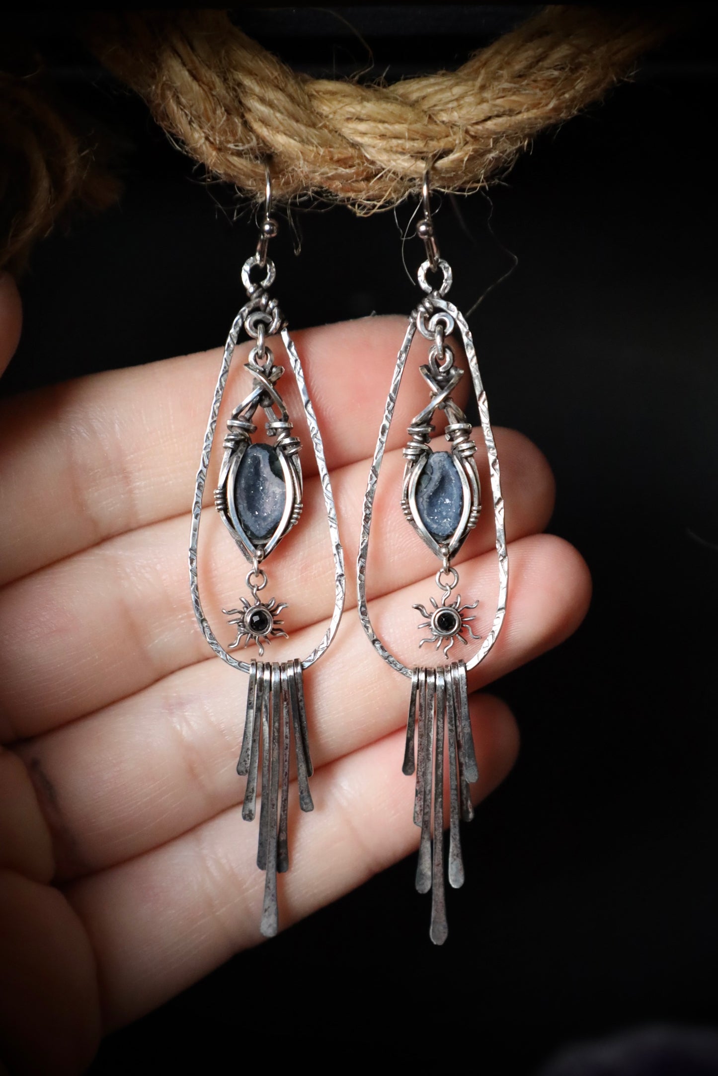 Black Spinel Sun and Tiny Geode Boho Earrings in Antiqued Solid Sterling Silver