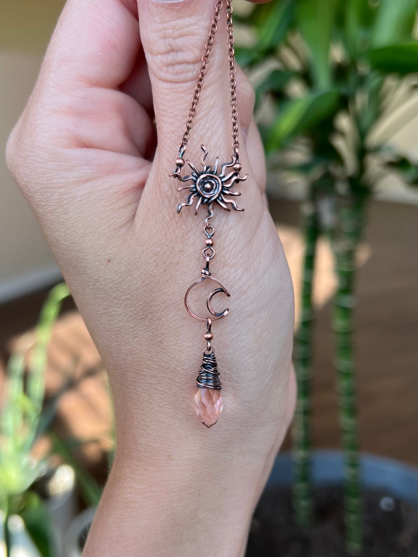 Copper Sun and Moon Necklace with Pink Glass Crystal Dangle