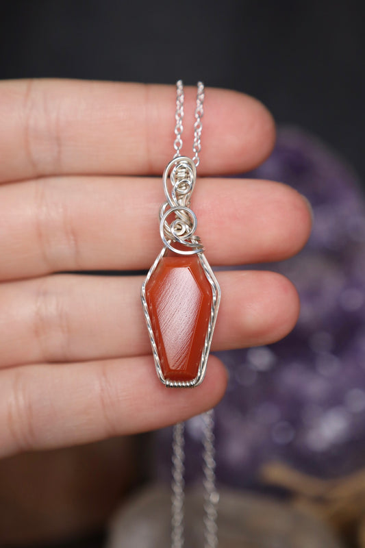 Orange Agate Coffin Pendant in Silver