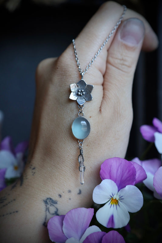 Aqua Chalcedony and Quartz Crystal Flower Necklace in Solid Sterling Silver