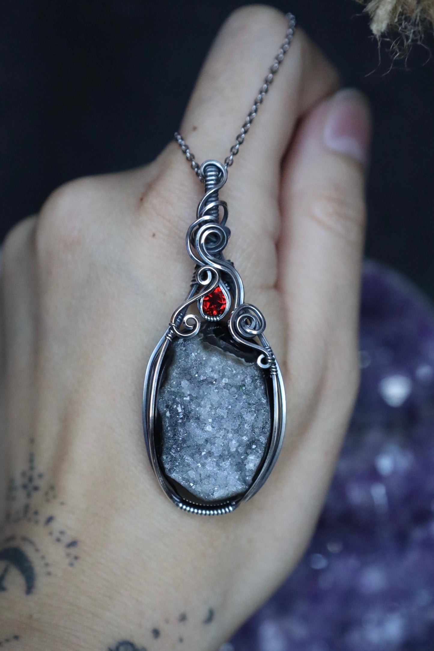 Garnet and Druzy Agate in Solid Sterling Silver