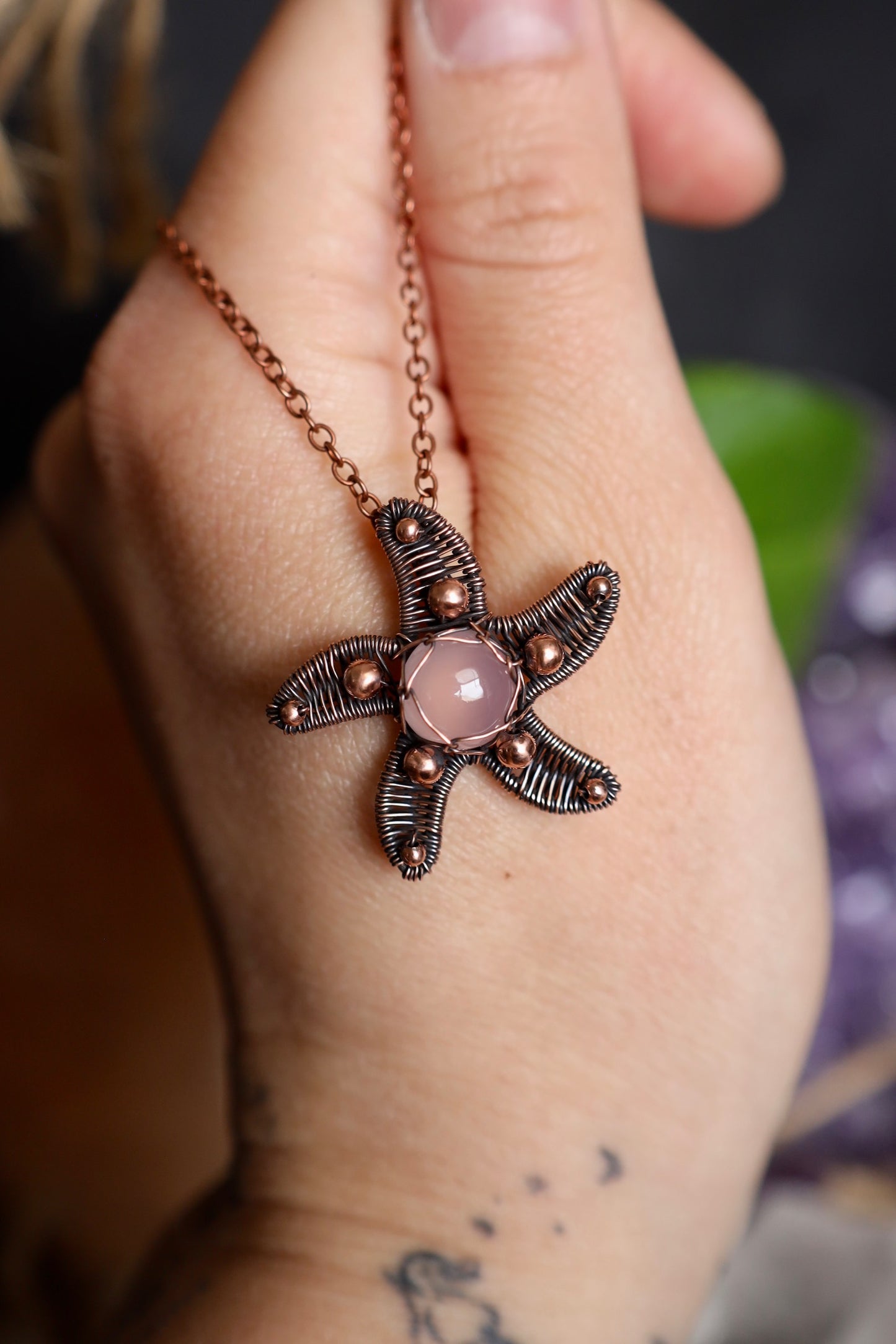 Pink Chalcedony Copper Starfish Pendant