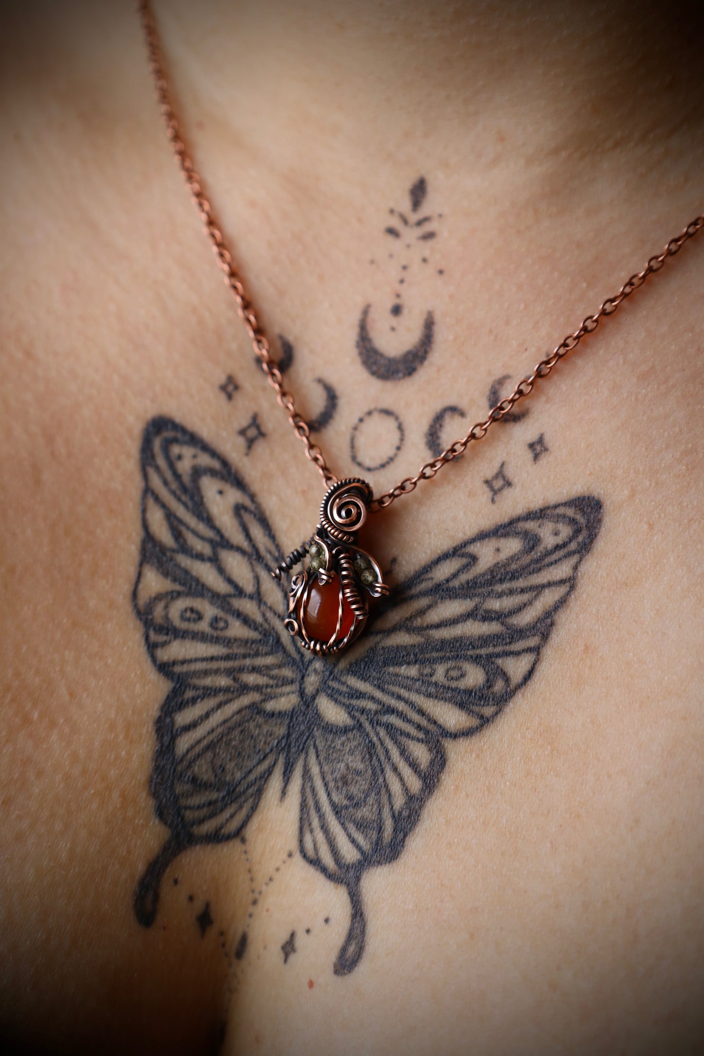 Carnelian Pumpkin and Peridot Leaf Micro Pendant in Copper