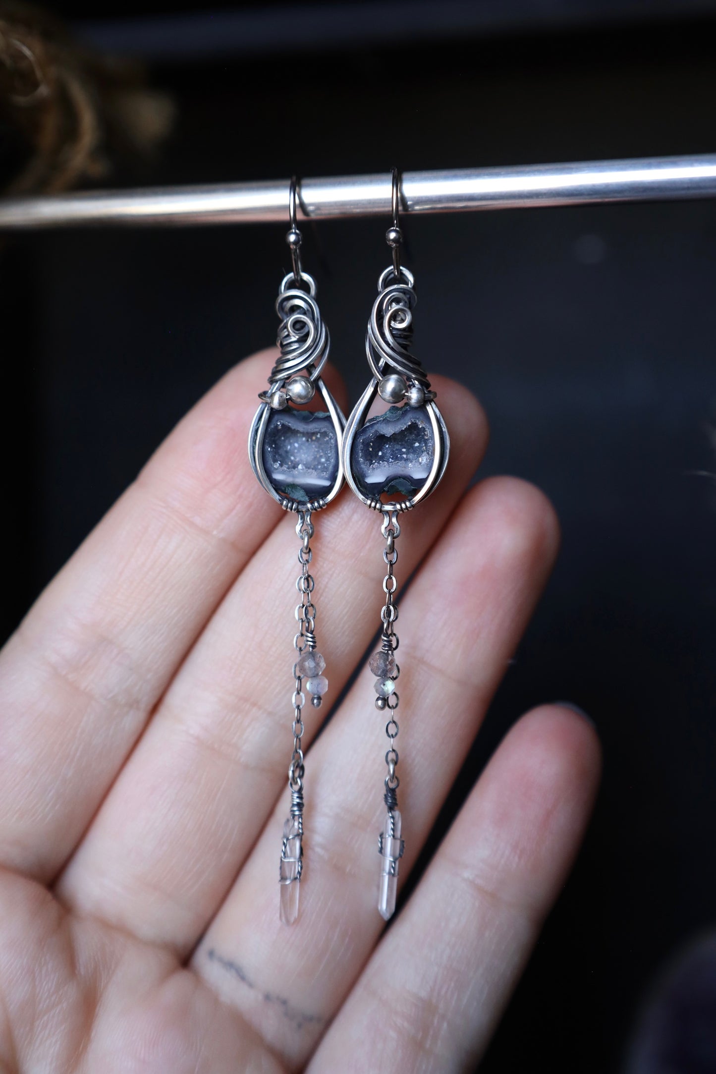 Tabasco Geode Labradorite and Quartz Crystal Dangle Earrings in Solid Sterling Silver