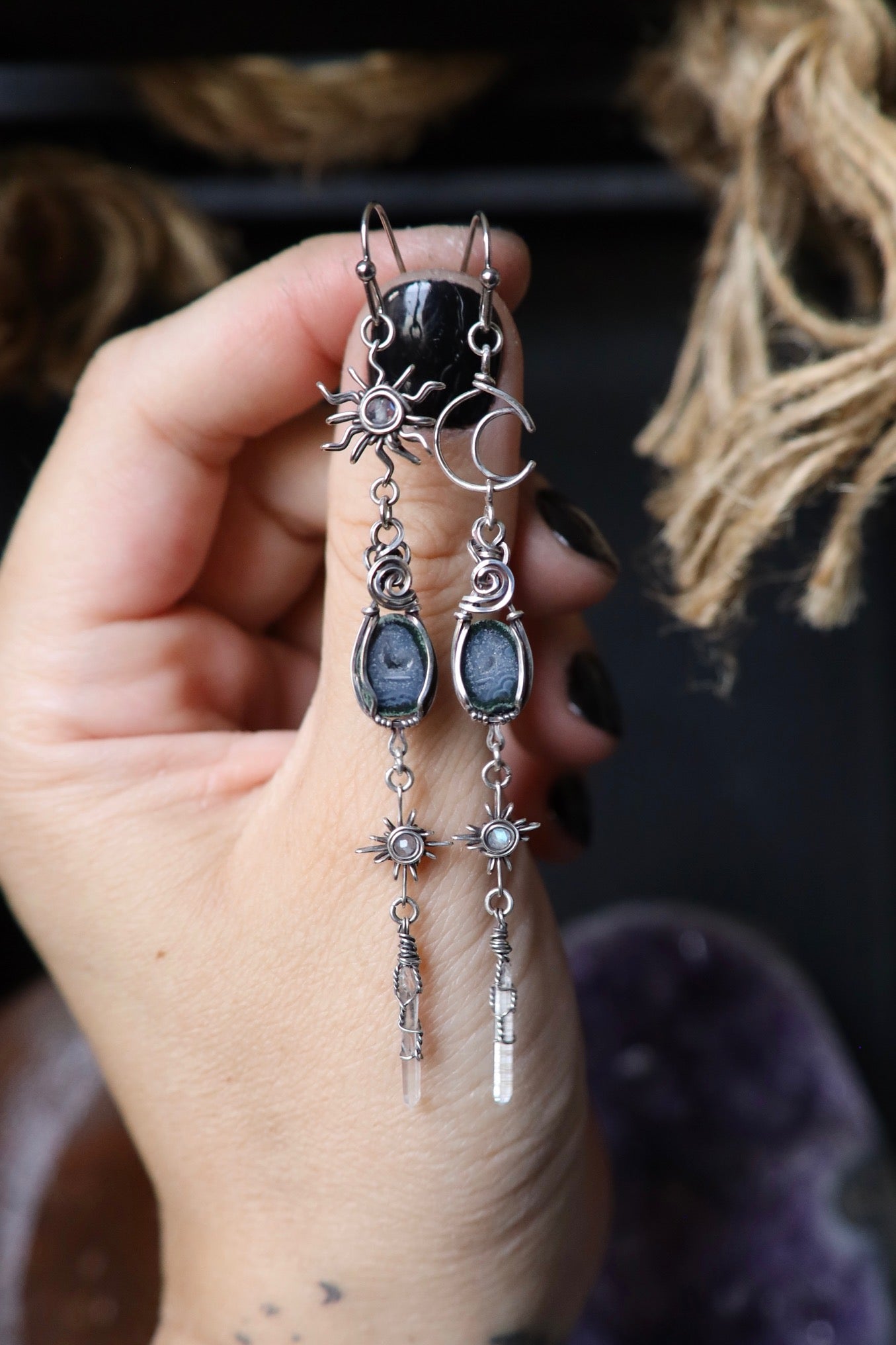 Sun, Moon, and Star Tiny Tabasco Geode Earrings in Antiqued Solid Sterling Silver