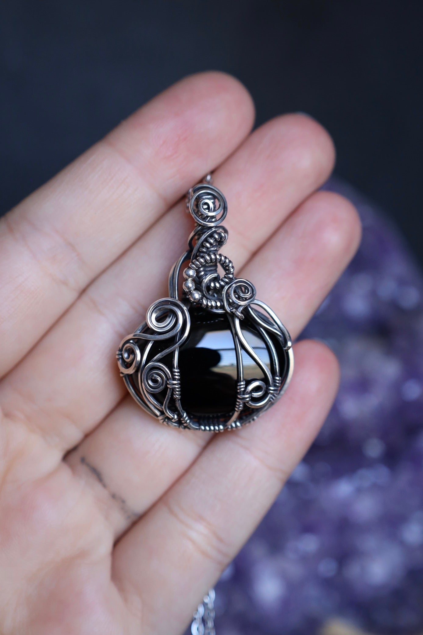 Black Agate Large Pumpkin in Solid Sterling Silver