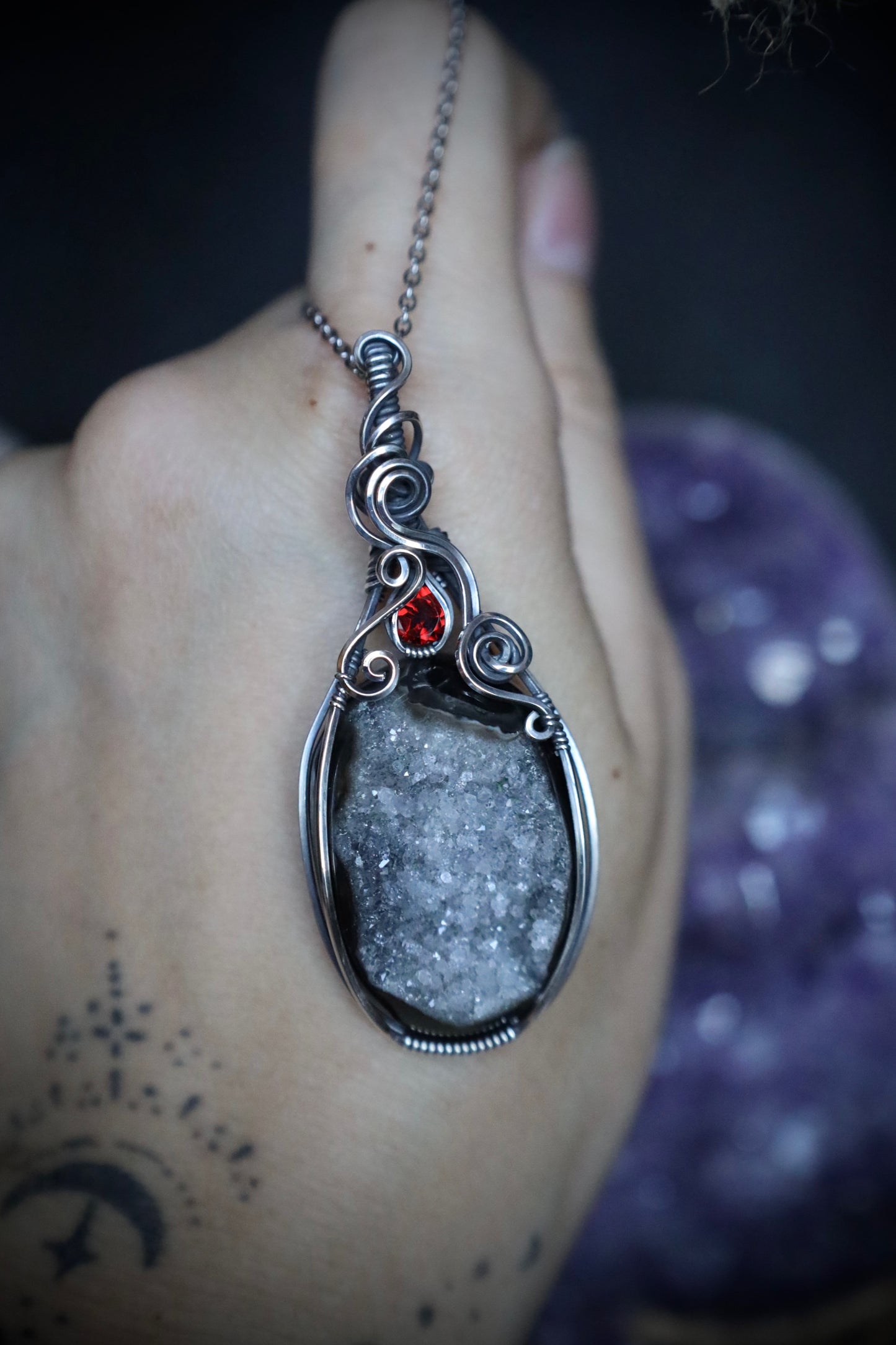 Garnet and Druzy Agate in Solid Sterling Silver