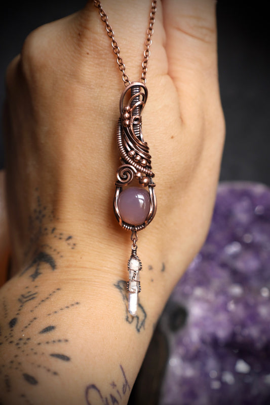 Pink/Purple (Dyed) Chalcedony and Quartz Crystal Copper Pendant