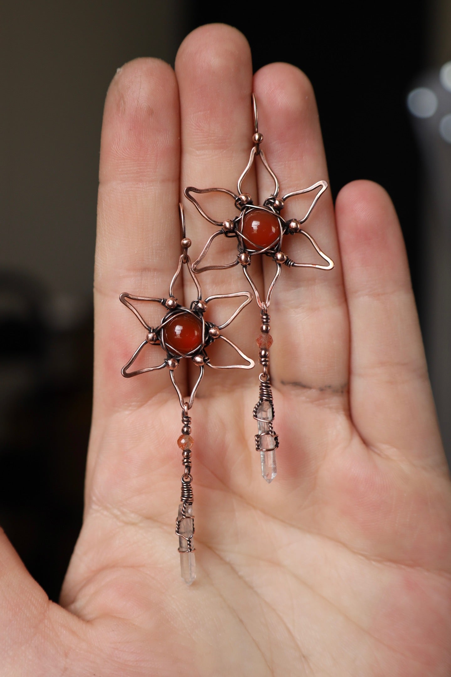 Boho Carnelian and Quartz Crystal Flower Copper Necklace and Earring Set