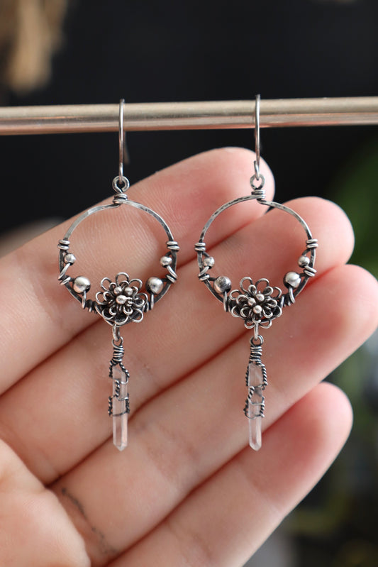 Sterling Silver Quartz Crystal Flower Earrings