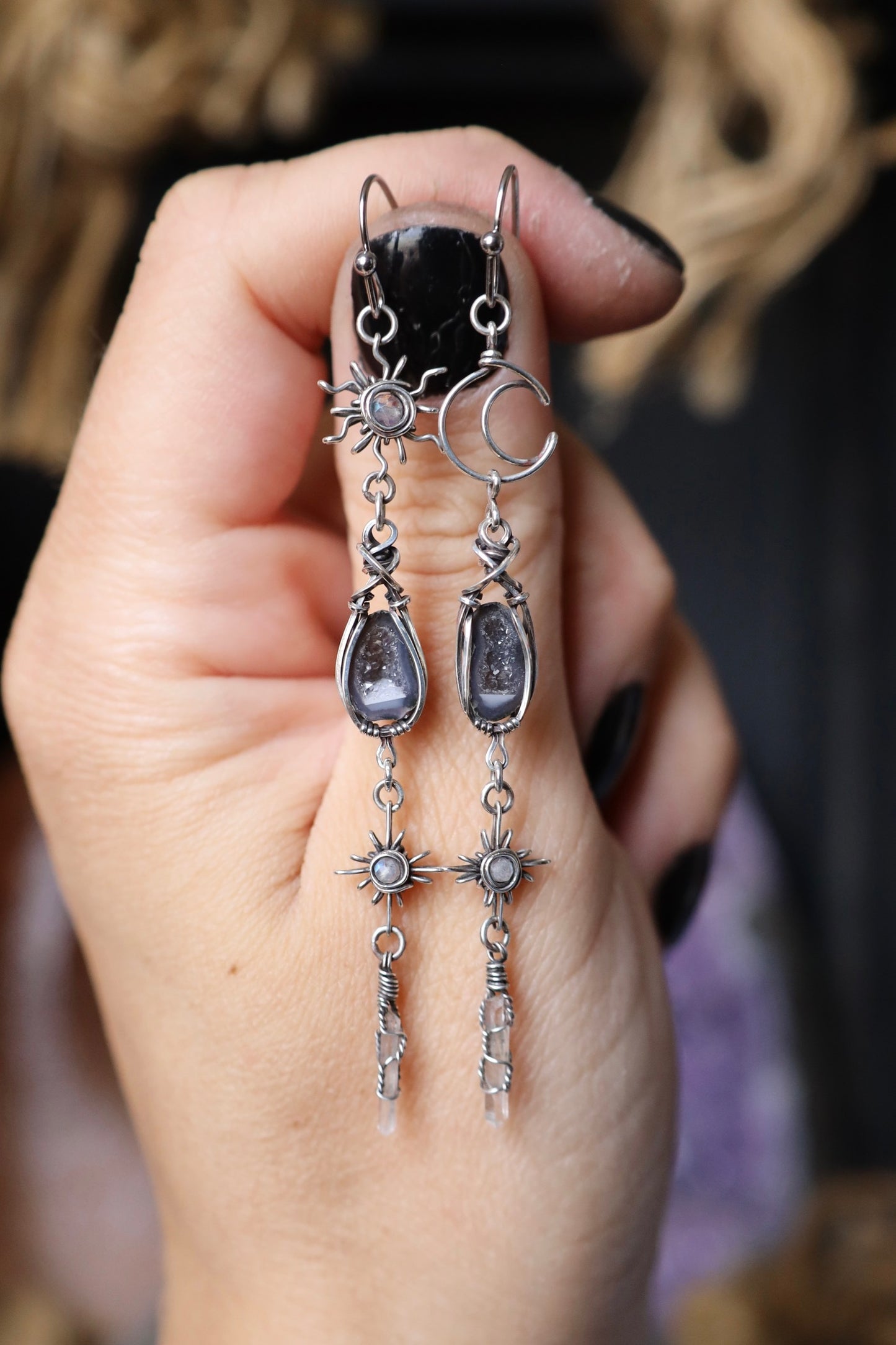 Sun, Moon, and Star Tiny Tabasco Geode Earrings in Antiqued Solid Sterling Silver