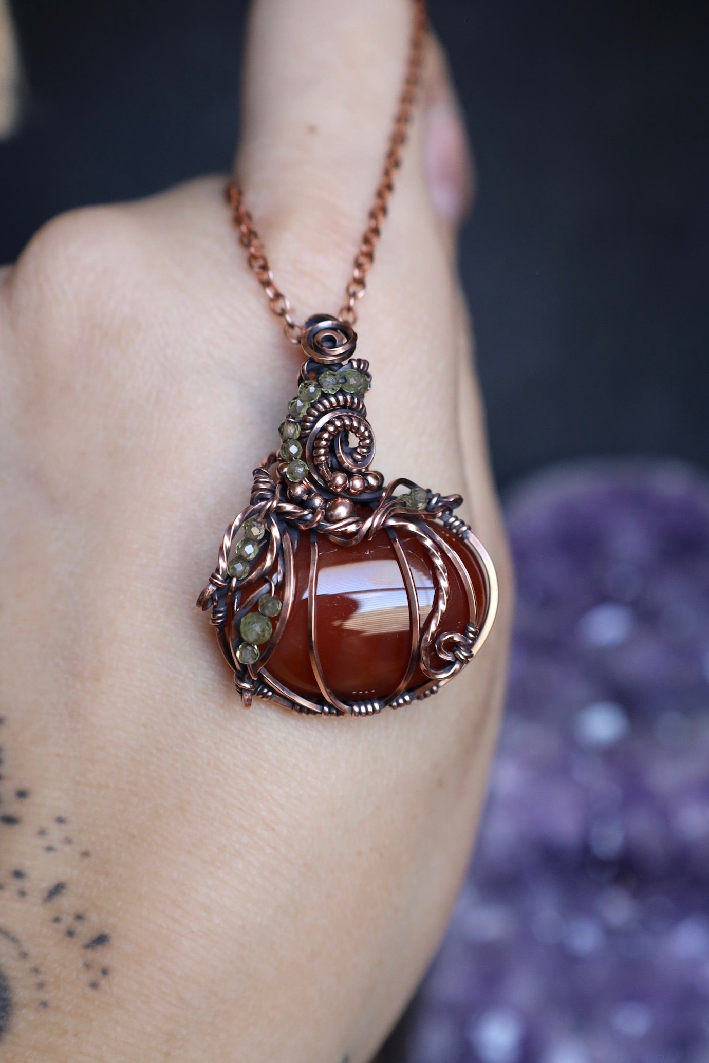 Carnelian and Peridot Pumpkin Copper Pendant