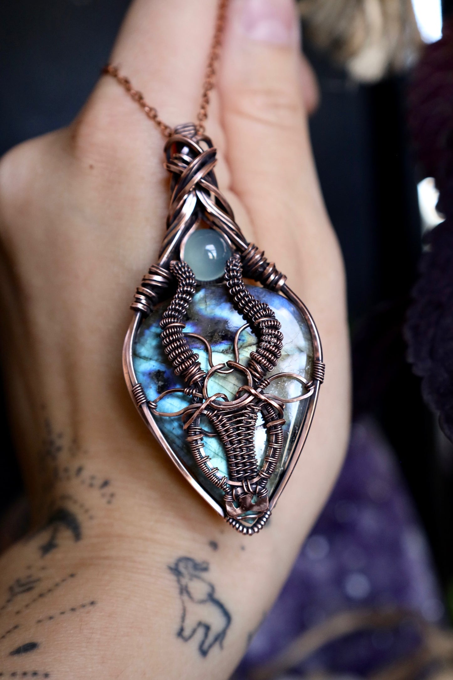 Labradorite and Aqua Chalcedony Taurus Zodiac Copper Pendant