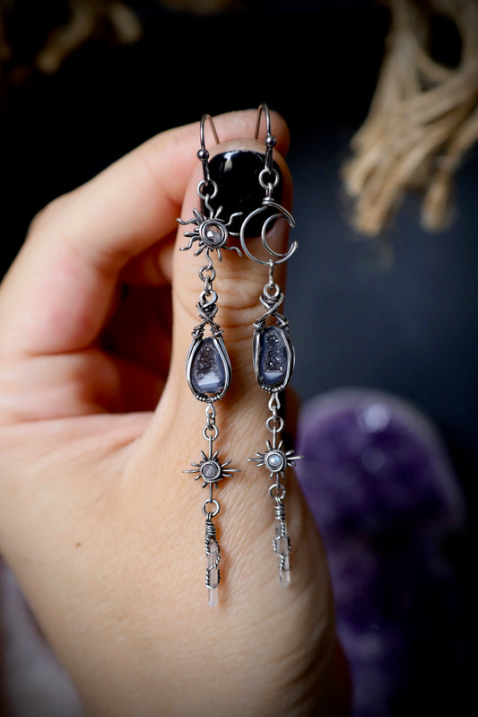 Sun, Moon, and Star Tiny Tabasco Geode Earrings in Antiqued Solid Sterling Silver