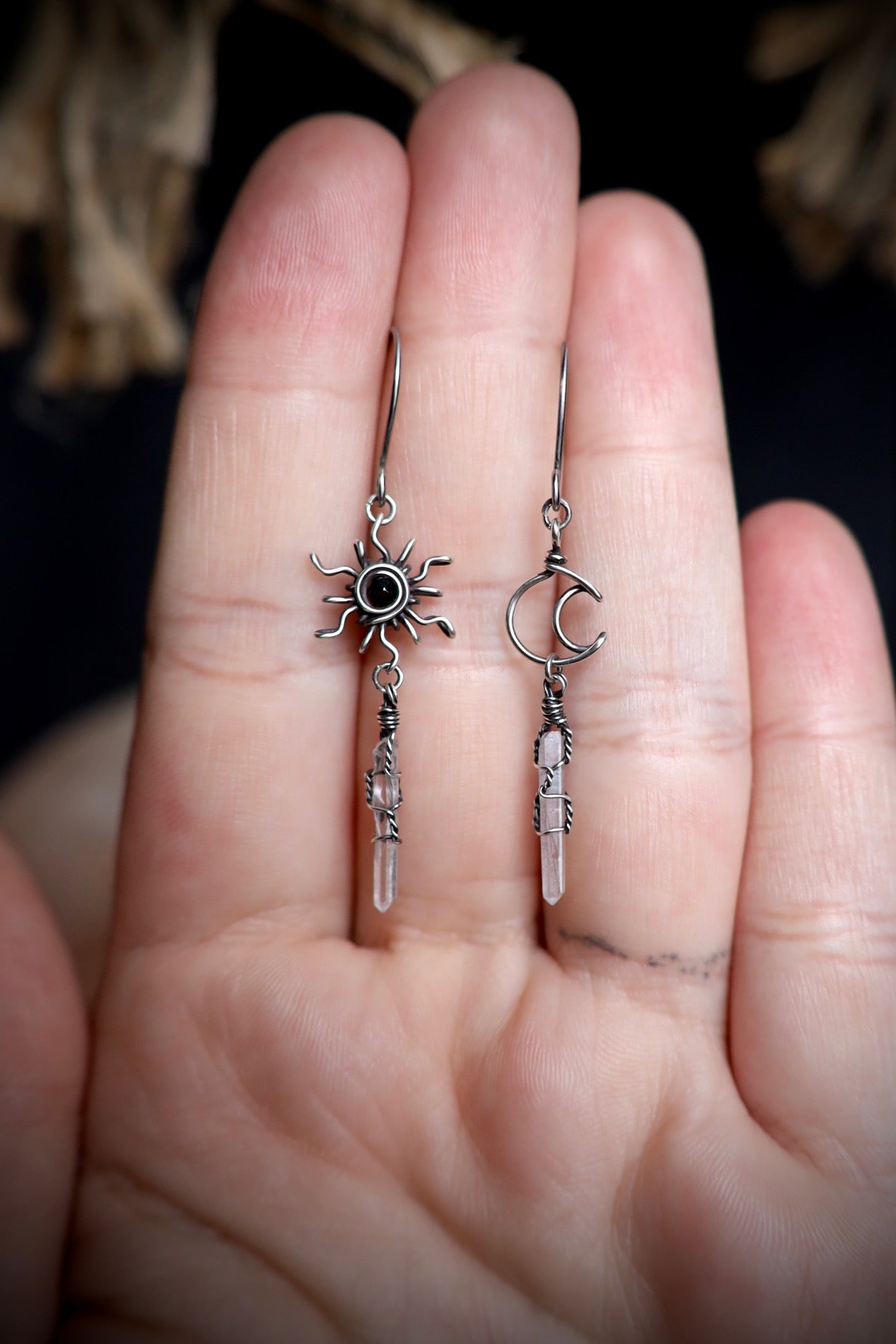 Black Spinel Sun, Moon and Quartz Crystal Earrings in Solid Sterling Silver