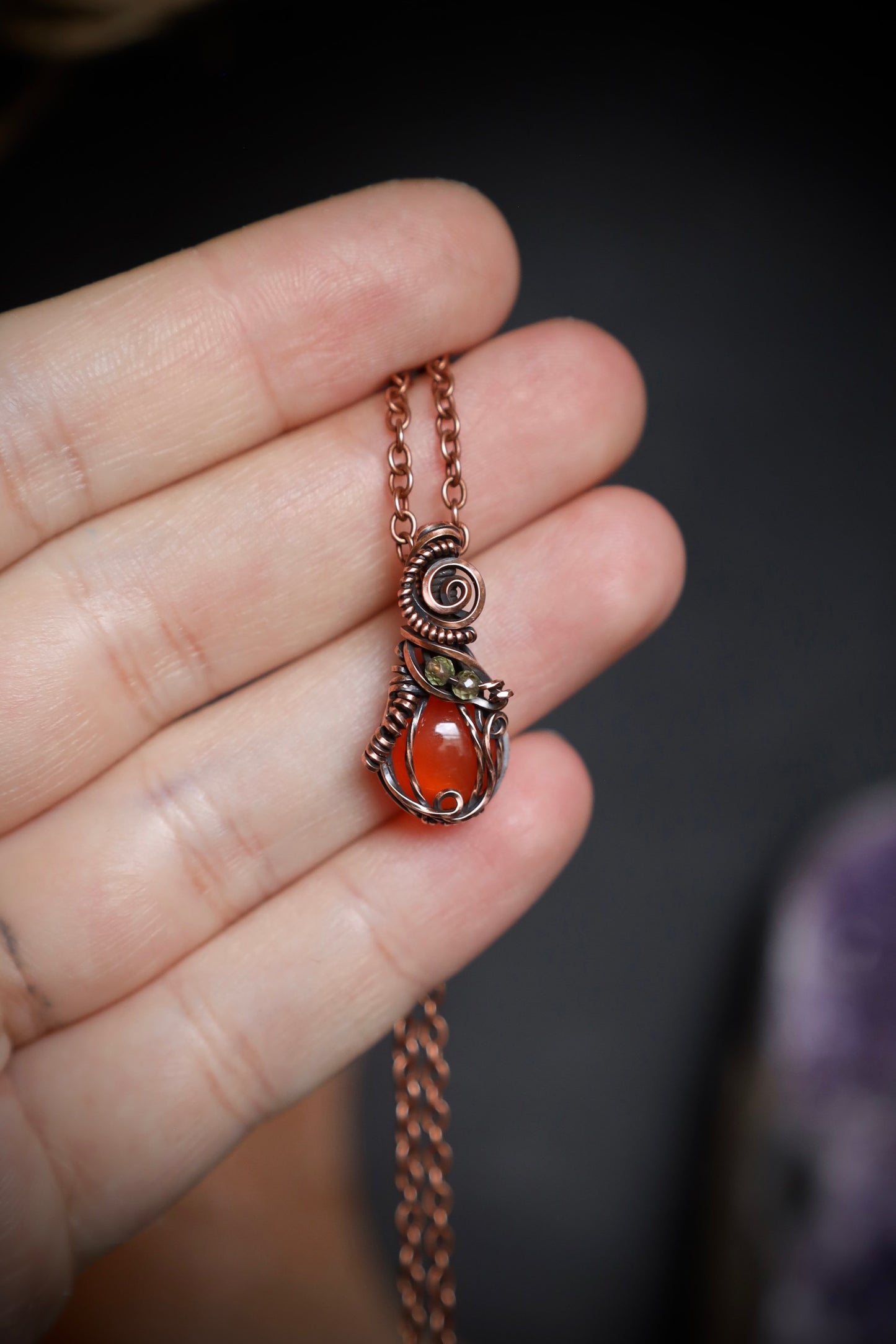 Carnelian Pumpkin and Peridot Leaf Micro Pendant in Copper