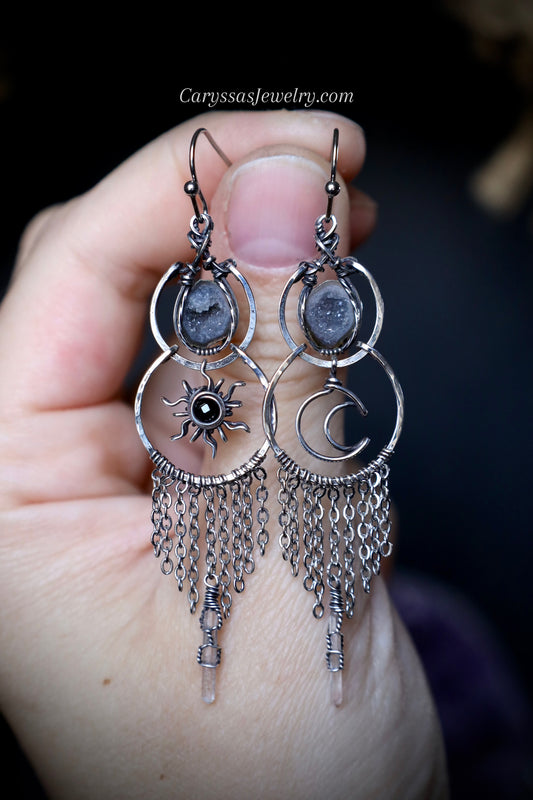 Sun/Moon Tiny Geode Boho Earrings in Antiqued Solid Sterling Silver