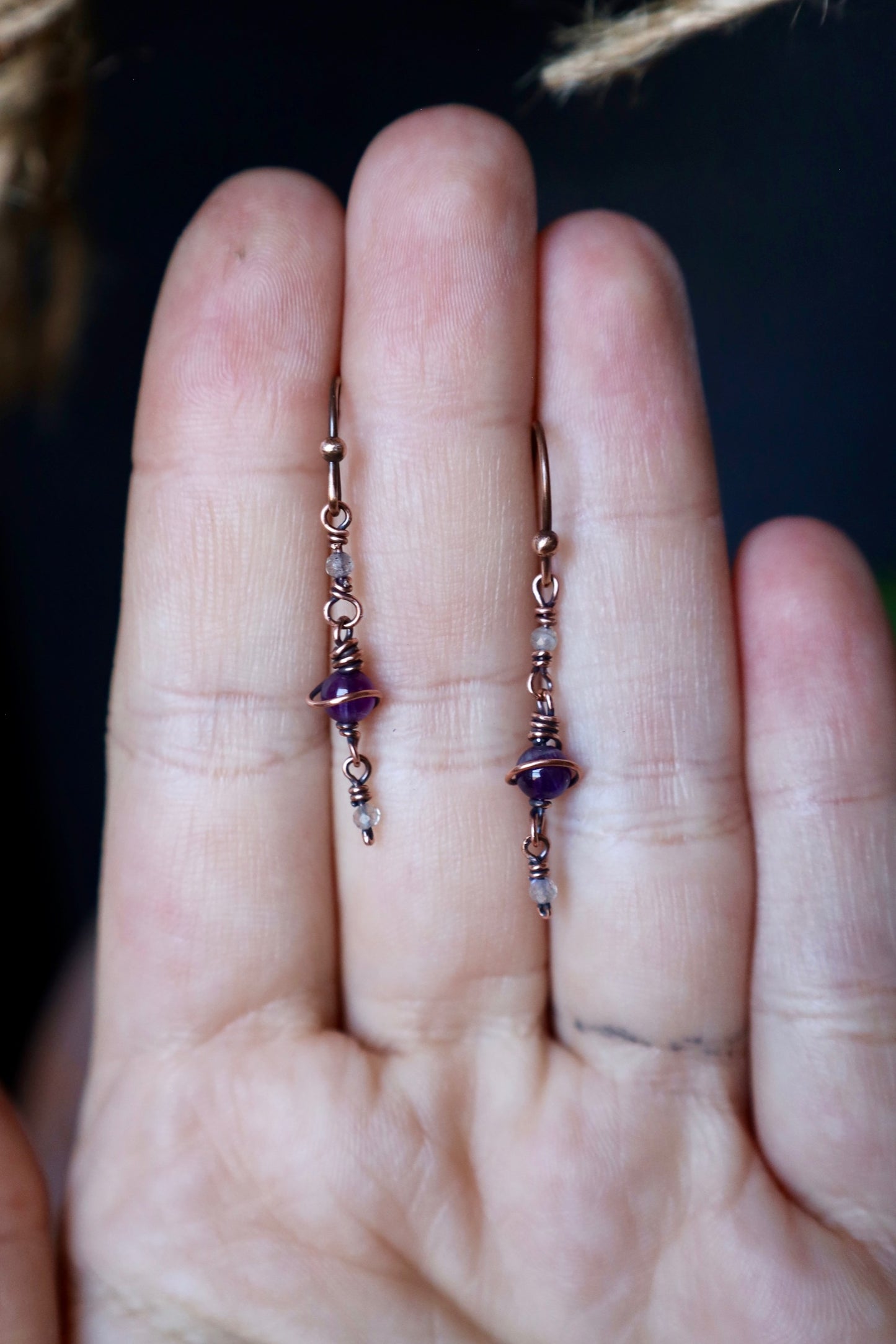 Amethyst and Labradorite Saturn Earrings in Copper