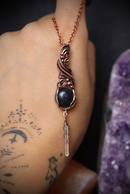 Lapis Lazuli and Quartz Crystal Copper Pendant