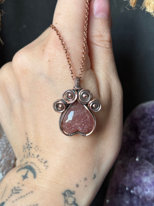 Strawberry Quartz Pawprint Pendant in Copper