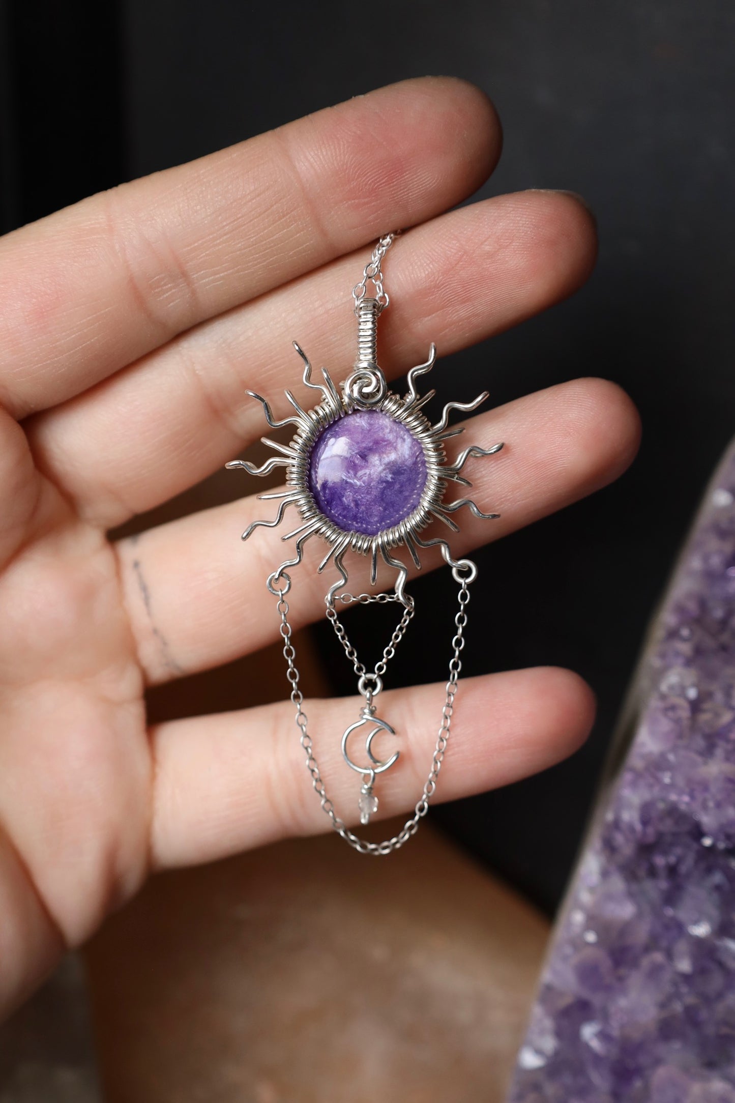 Charoite Sun and Moon Necklace in Solid Sterling Silver