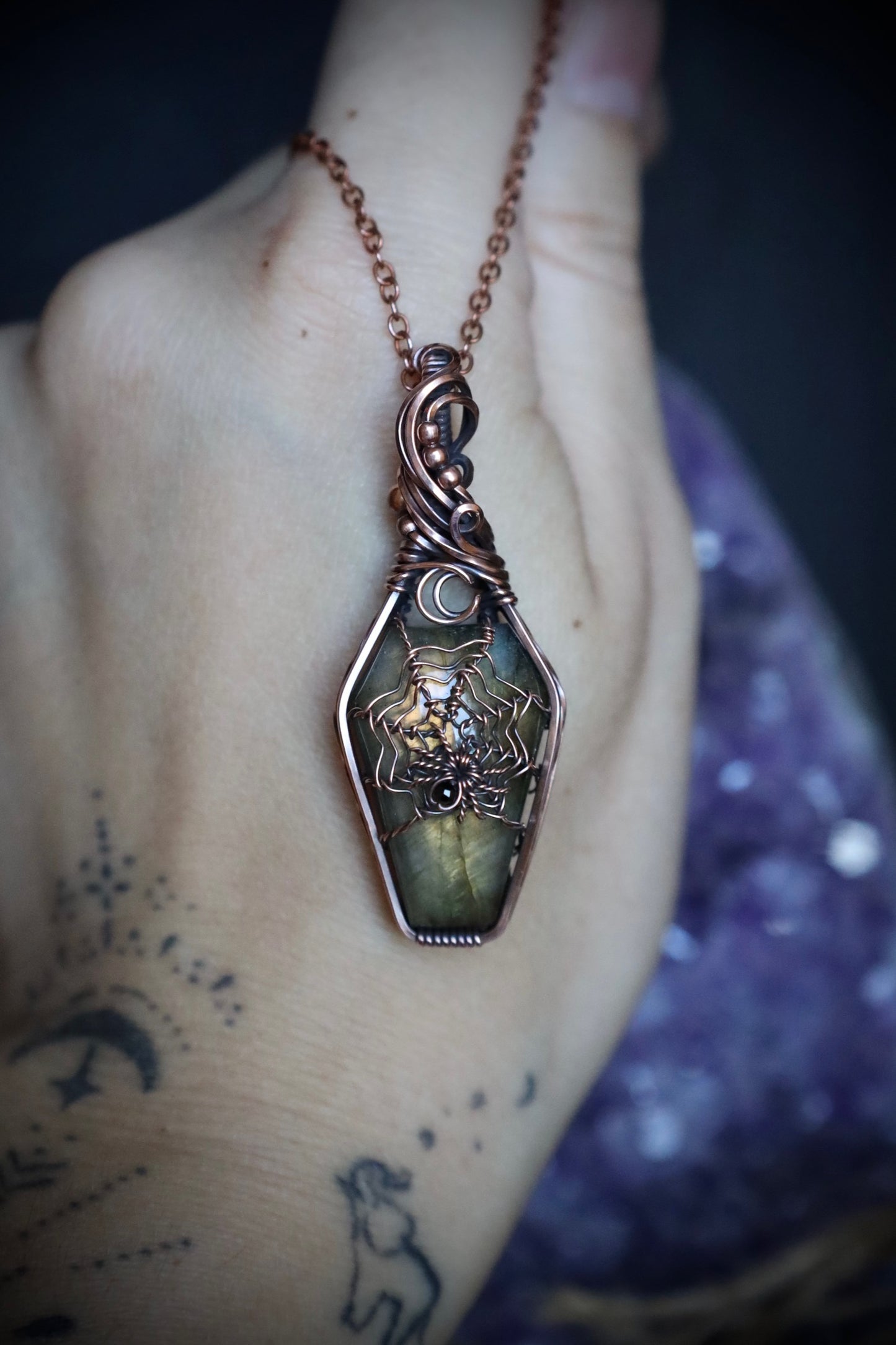 Labradorite Coffin and Black Spinel Spider Moon Pendant in Copper