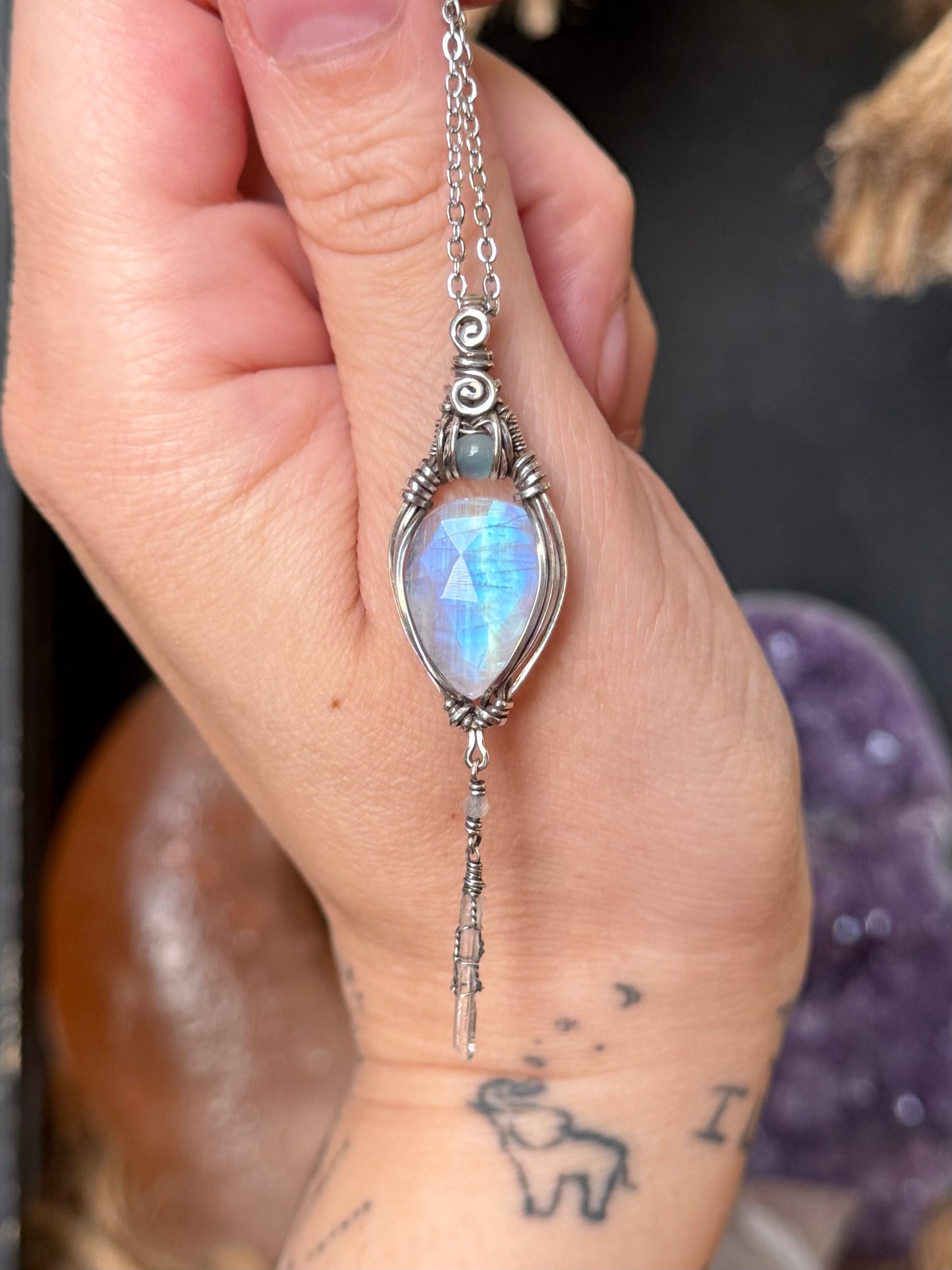 Rose Cut Moonstone, Quartz and Blue Chalcedony Pendant in Solid Sterling Silver