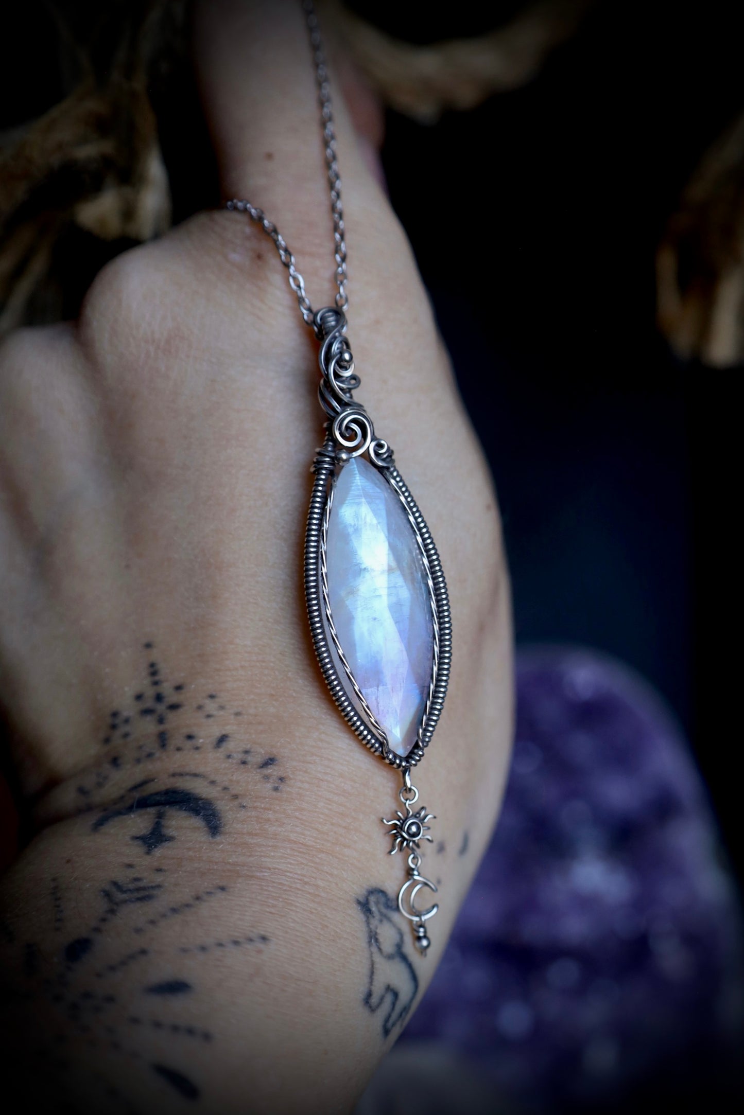 Faceted Moonstone Sun and Moon Pendant in Antiqued Solid Sterling Silver