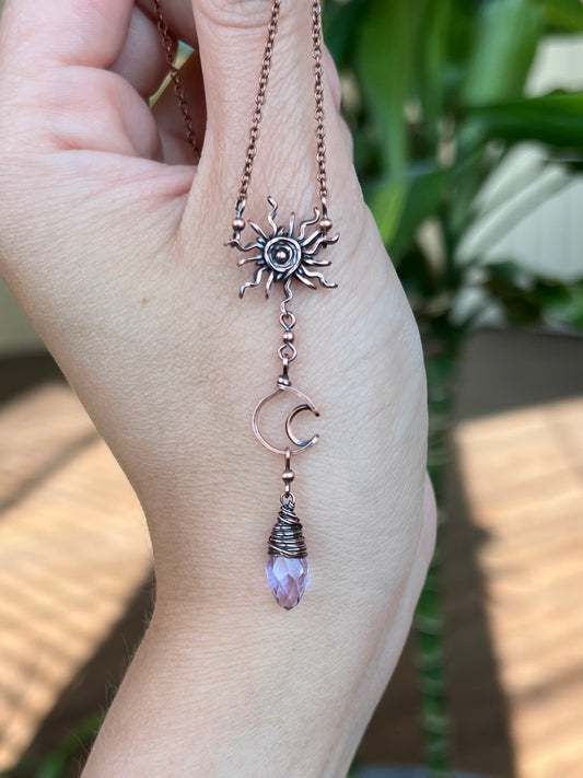 Copper Sun and Moon Necklace with Lavender Glass Crystal Dangle