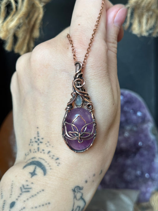 Amethyst and Aqua Chalcedony Lotus Pendant in Copper