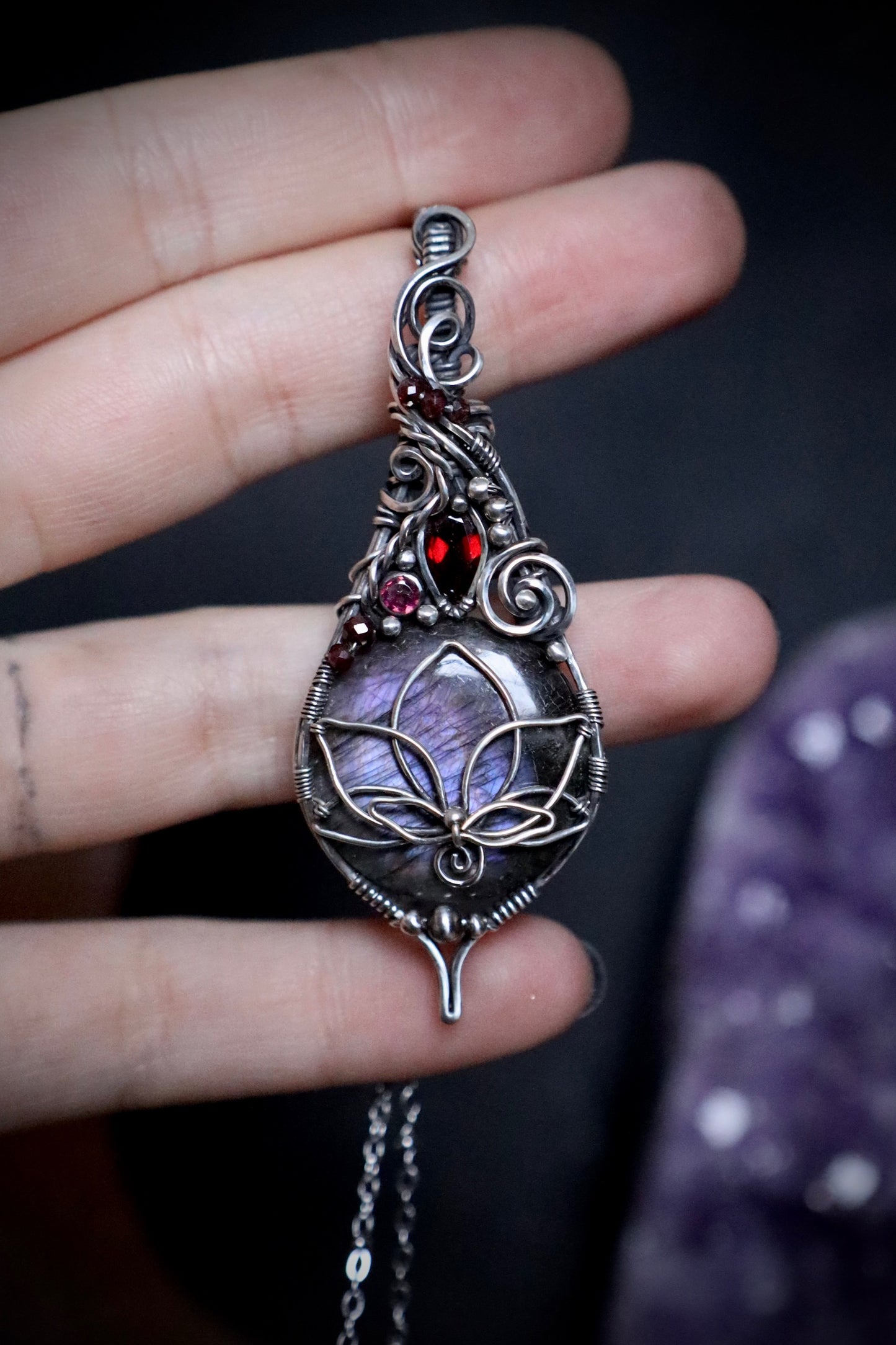 Purple Labradorite, Garnet and Pink Tourmaline Lotus Pendant in Solid Sterling Silver