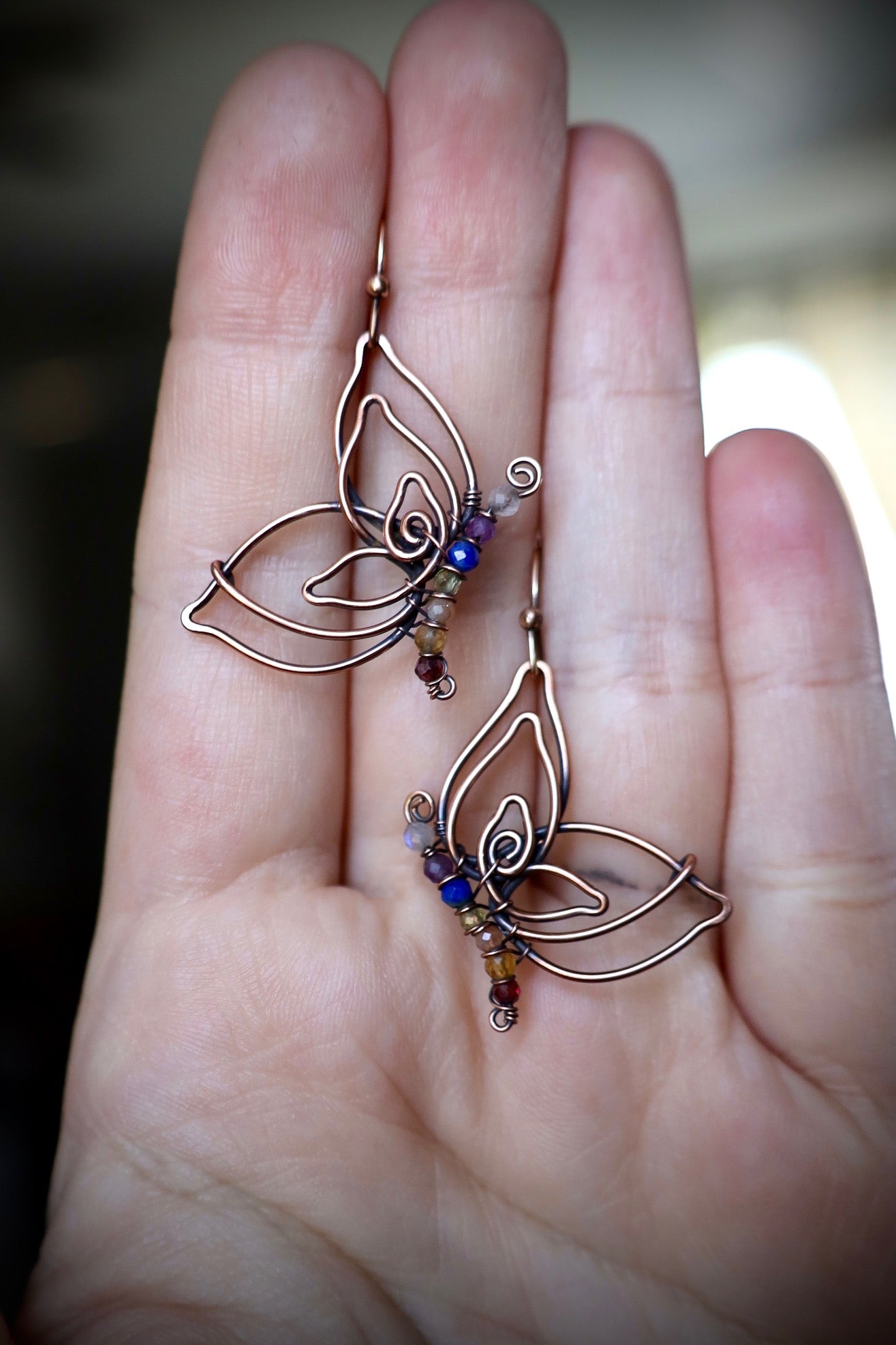 Rainbow Genuine Gemstone Butterfly Earrings in Copper