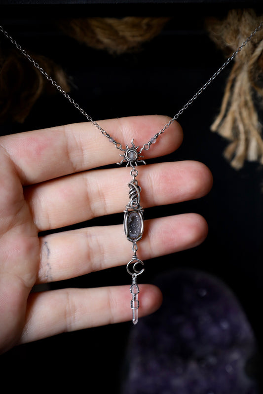Tiny baby geode labradorite Sun, Moon, Quartz Crystal Necklace in Antiqued Solid Sterling Silver