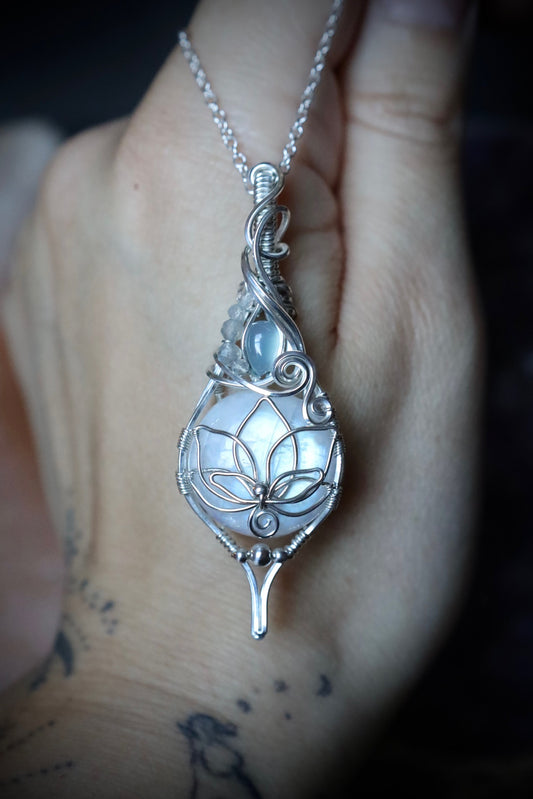 Moonstone and Aqua Chalcedony Lotus Pendant in Solid Sterling Silver