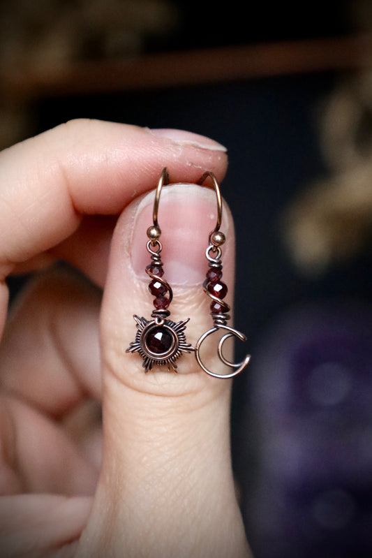 Garnet Sun and Moon Earrings in Copper