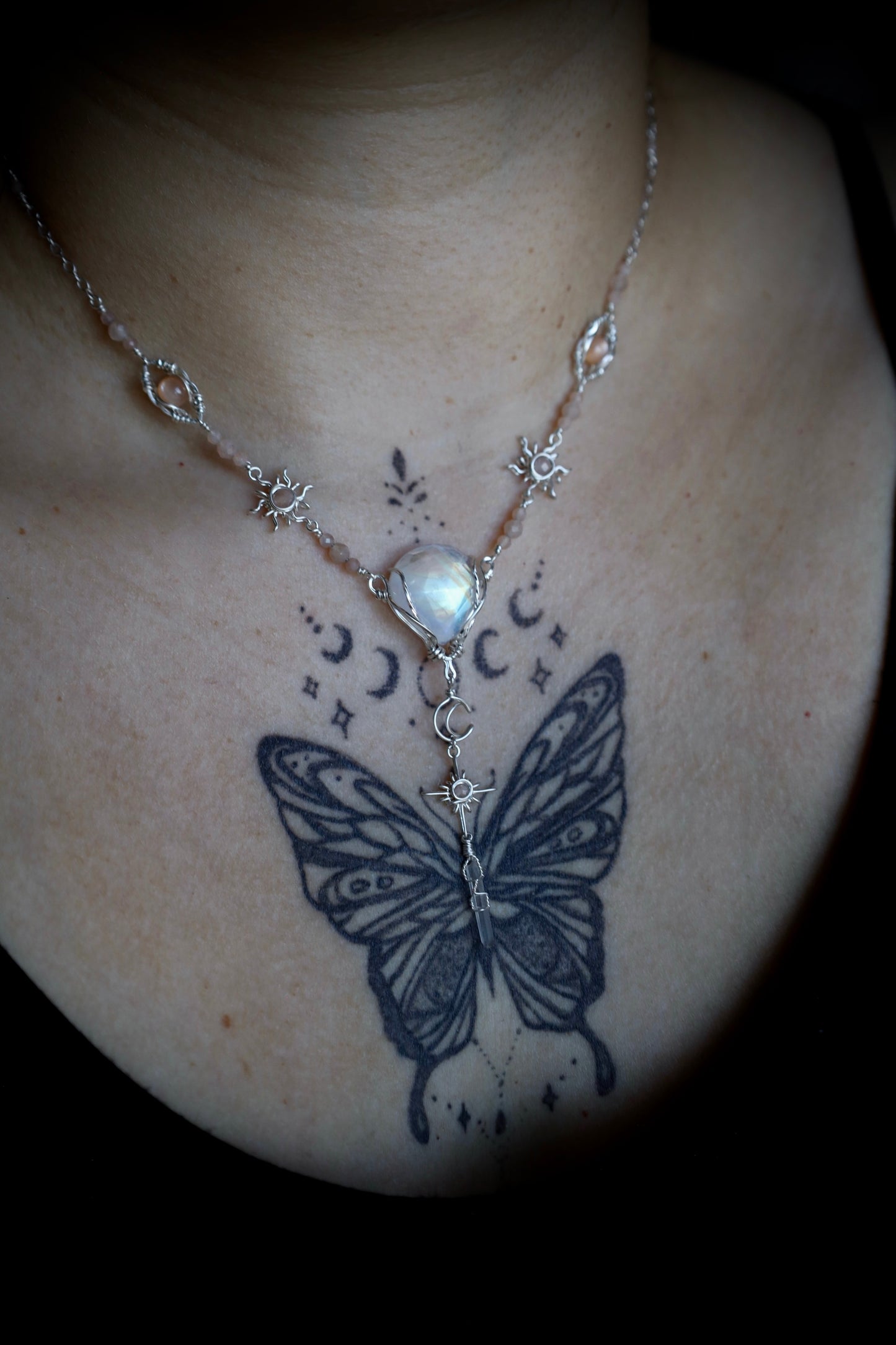 Faceted Moonstone, Peach Moonstone and Quartz Crystal Sun, Moon and Star Necklace in Solid Sterling Silver