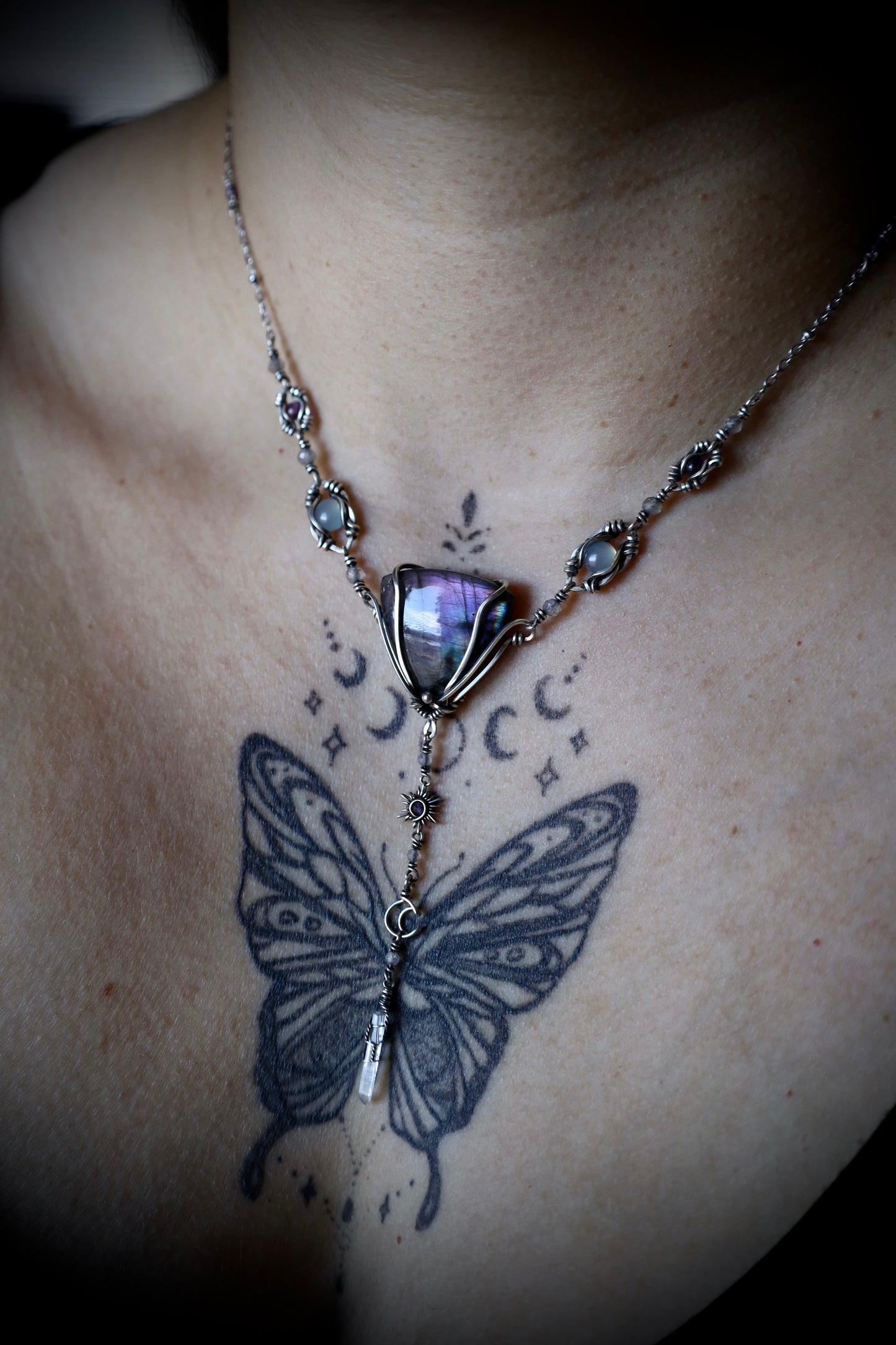 Labradorite, Aqua Chalcedony, Amethyst and Quartz Crystal Sun and Moon Necklace in Antiqued Solid Sterling Silver