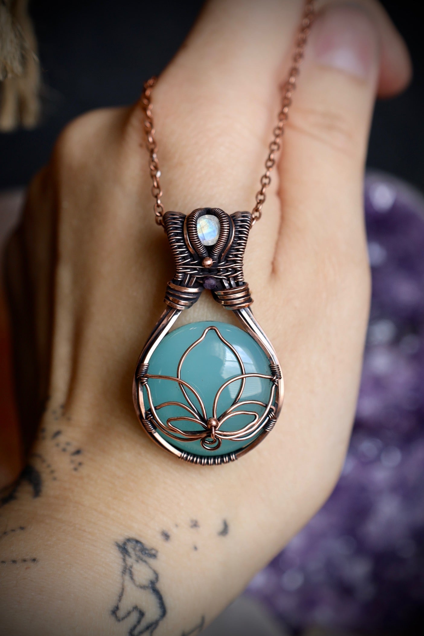 Moonstone, Amethyst and Aqua Chalcedony Lotus Pendant in Copper