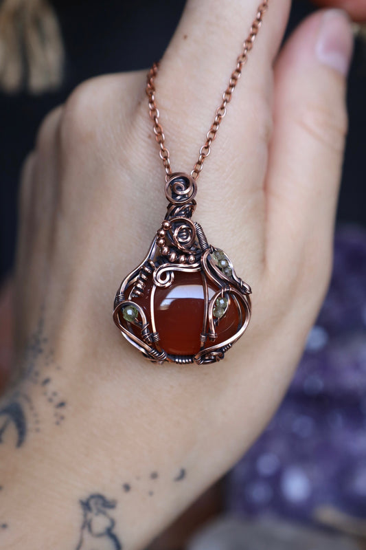 Carnelian and Peridot Pumpkin Copper Pendant