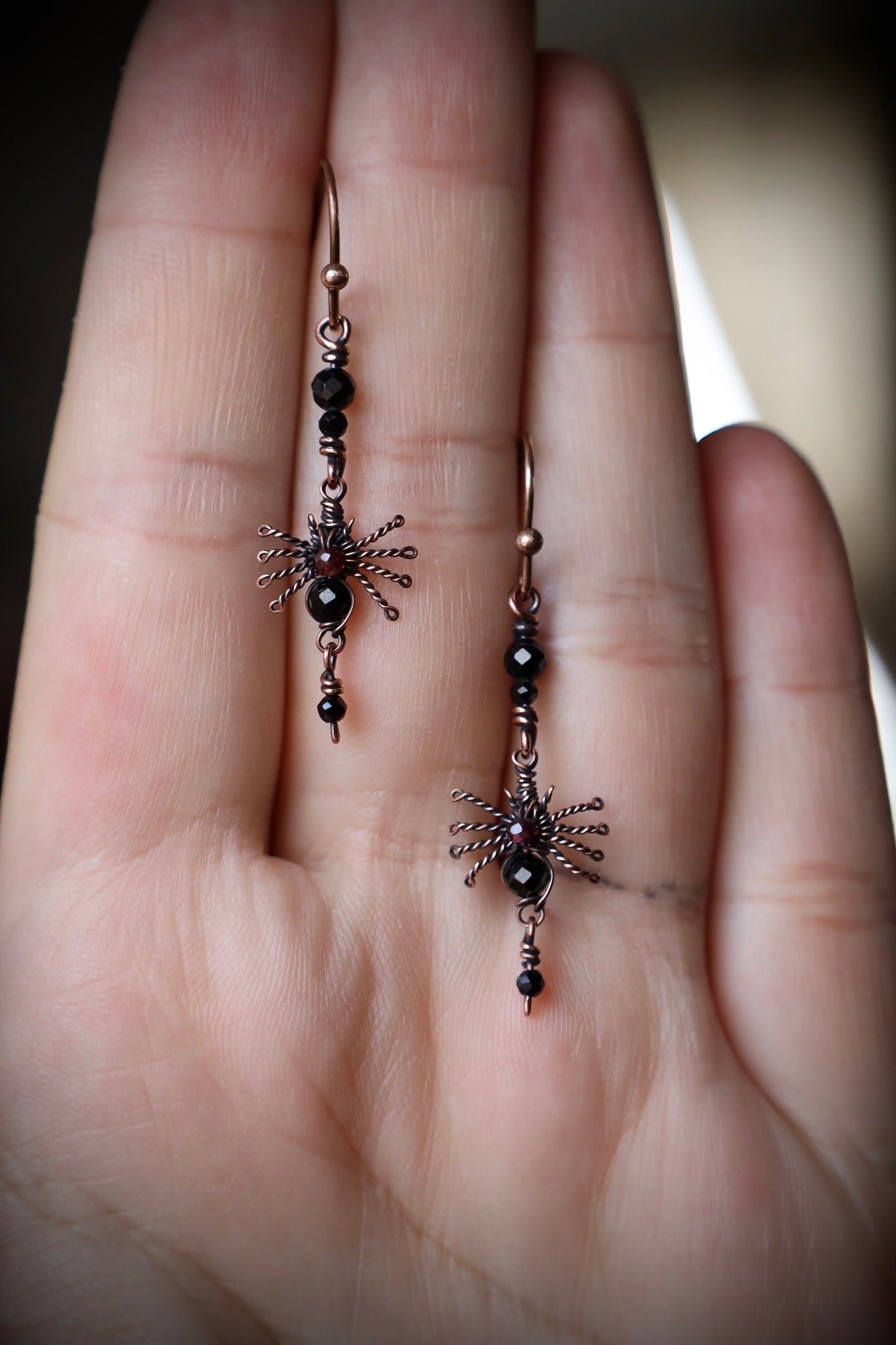 Black Spinel and Garnet Tiny Copper Spider Earrings