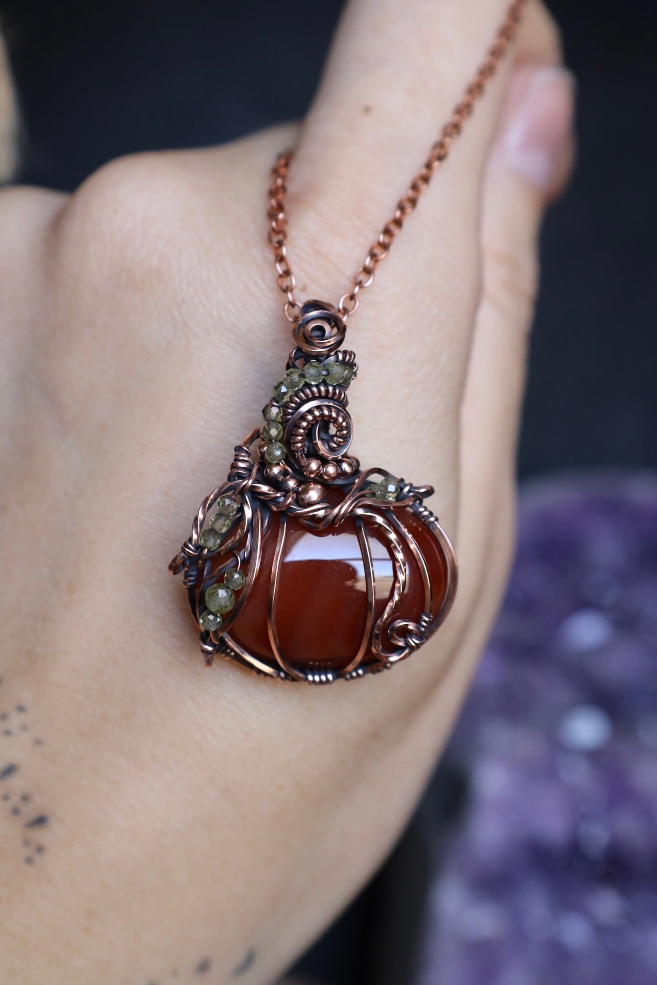 Carnelian and Peridot Pumpkin Copper Pendant