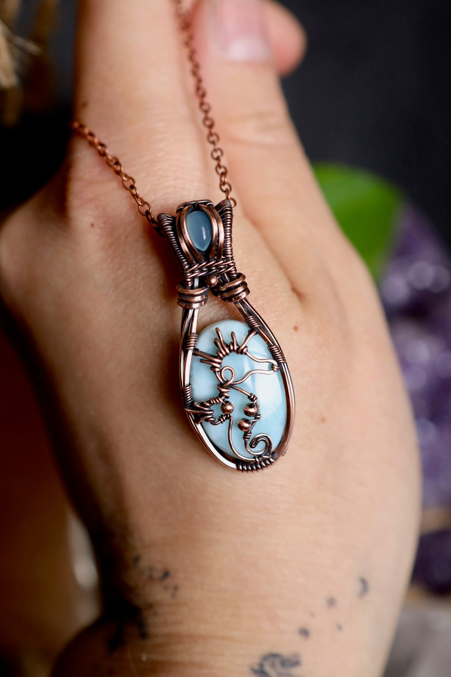 Larimar and Blue Chalcedony Seahorse Copper Pendant