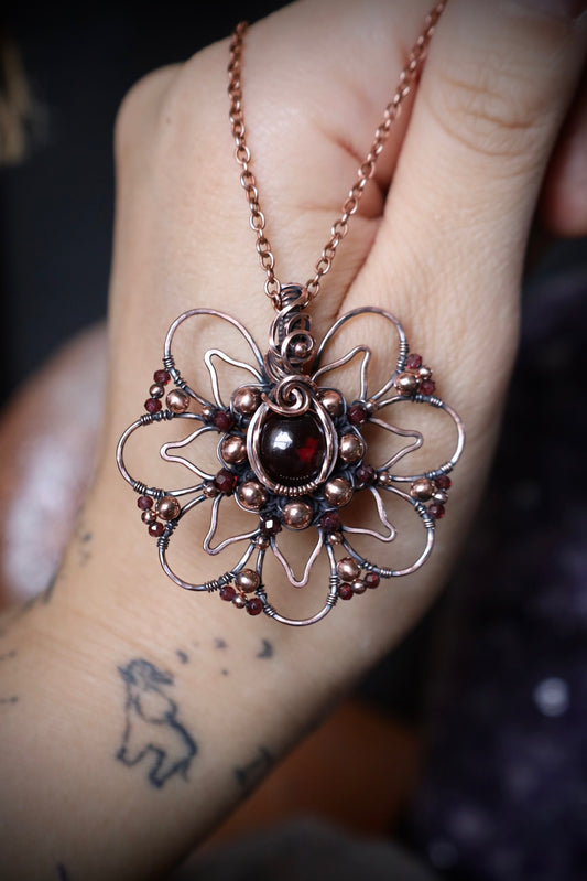 Garnet Wildflower Mandala Pendant in Copper