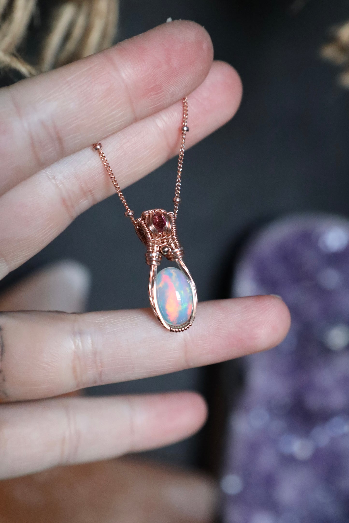 2.15 ct Opal and Pink Tourmaline Mini Pendant in 14k Rose Gold Fill