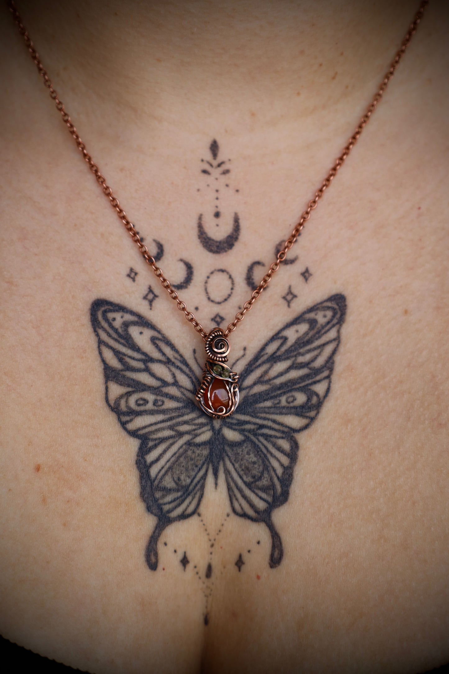 Carnelian Pumpkin and Peridot Leaf Micro Pendant in Copper