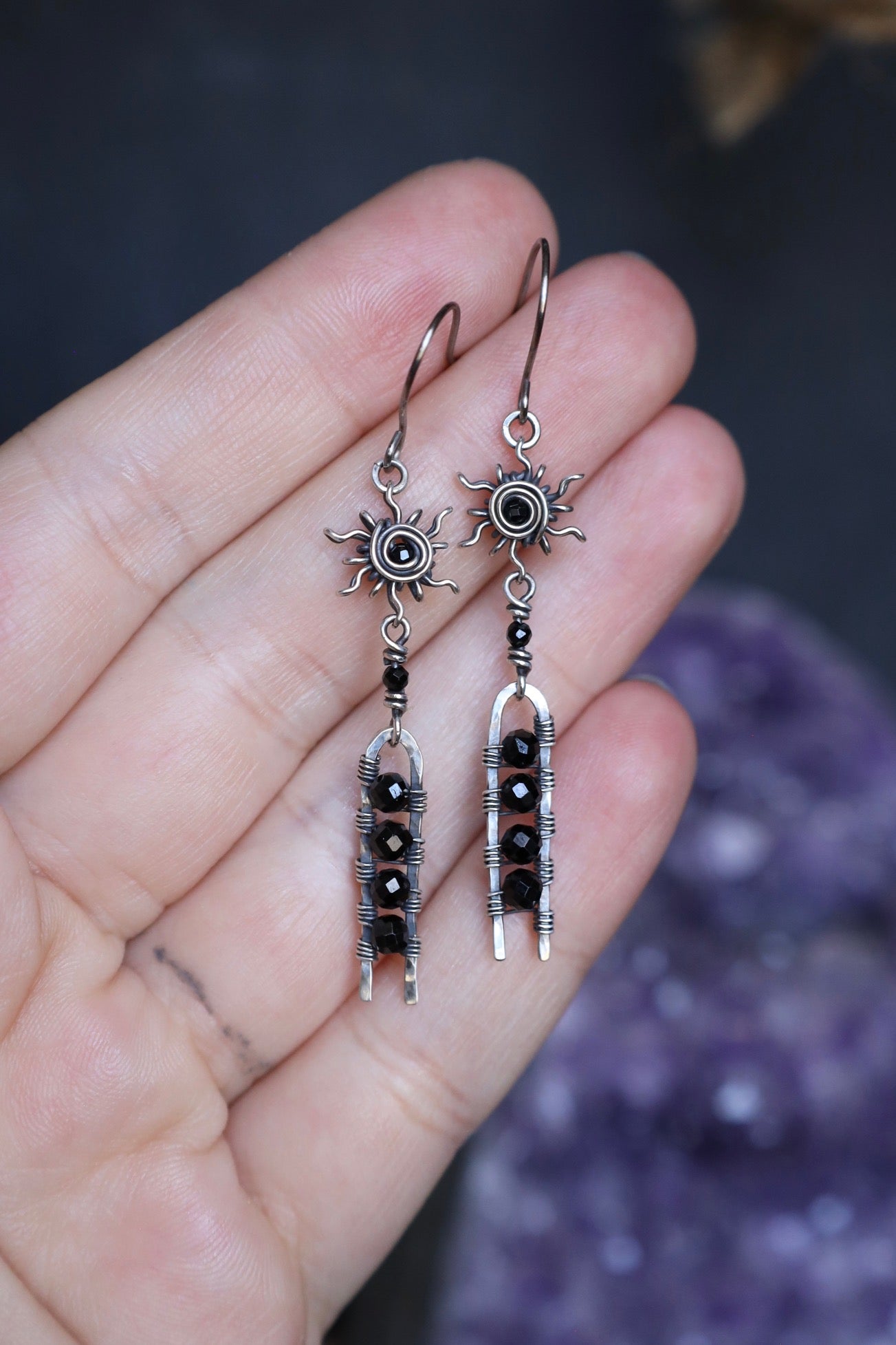 Black Spinel Sun Earrings in Solid Sterling Silver