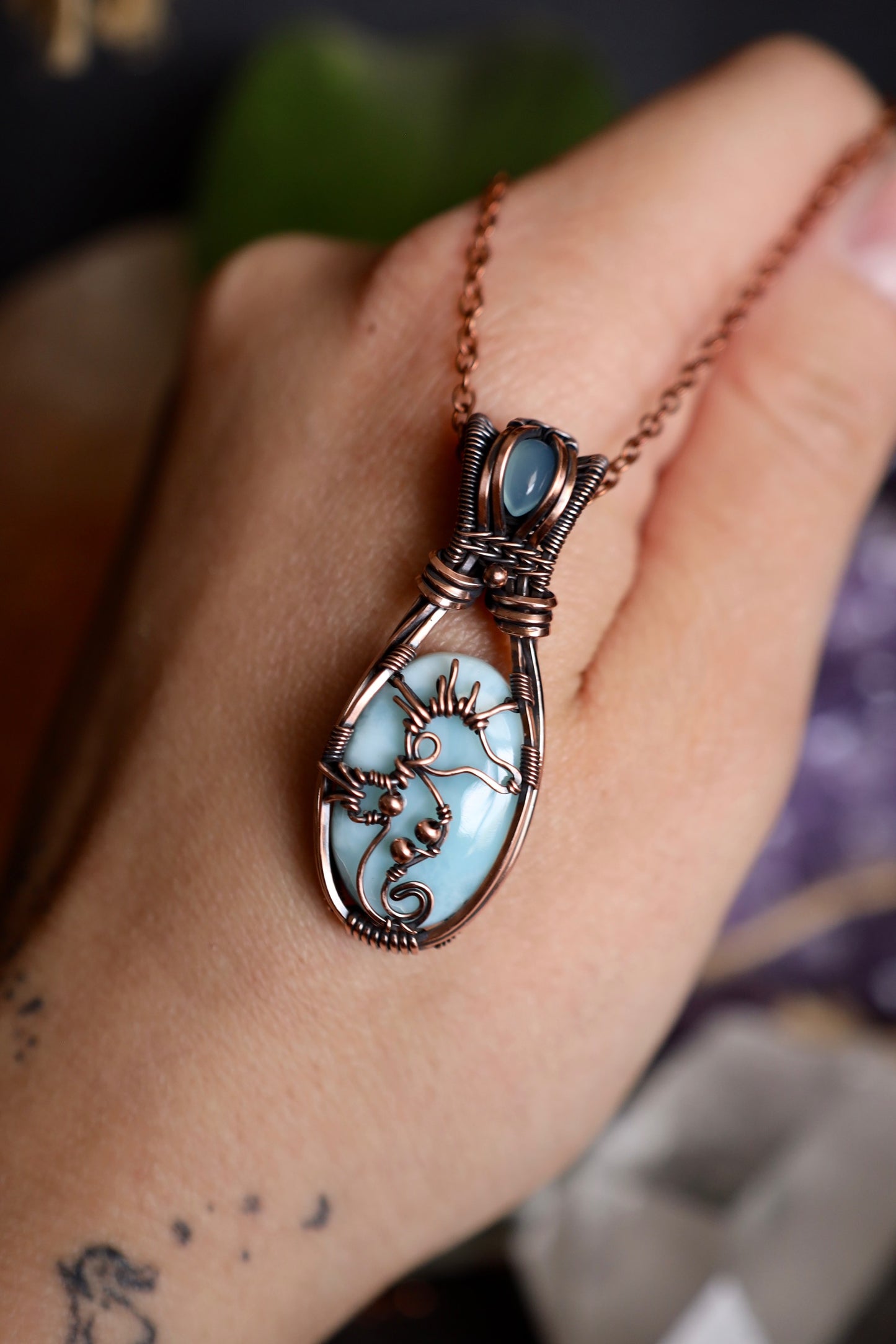 Larimar and Blue Chalcedony Seahorse Copper Pendant