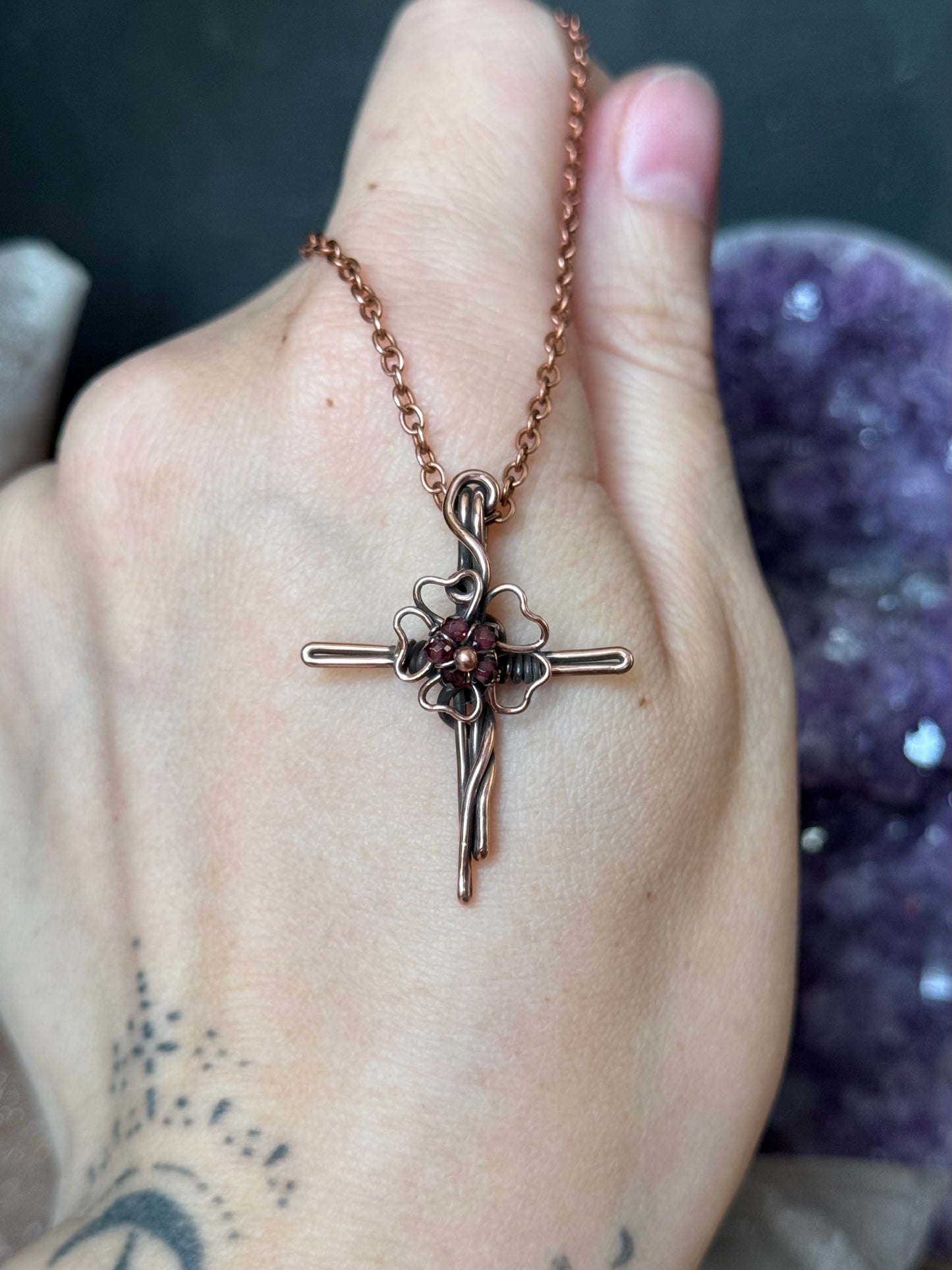 Garnet Flower Cross Pendant in Copper