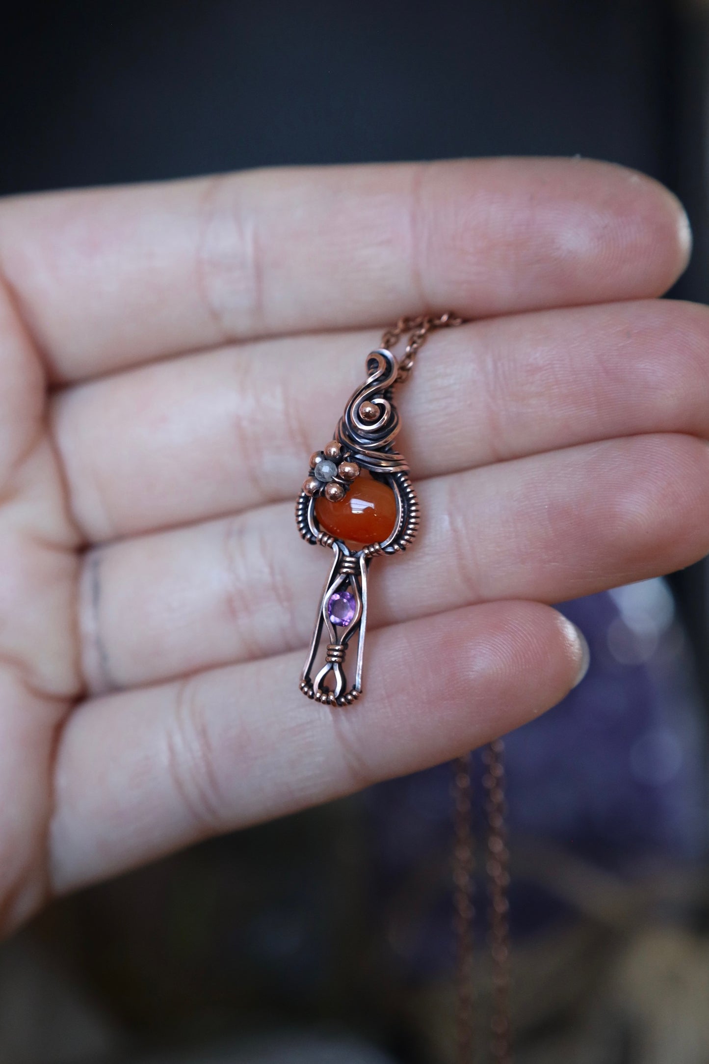 Carnelian, Amethyst and Moonstone Mushroom Mini Copper Pendant